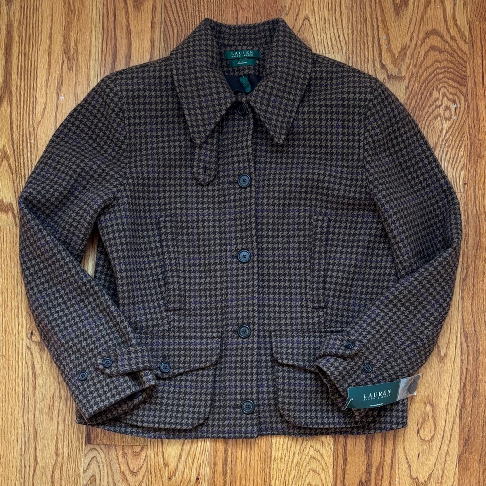 NWT Lauren Ralph Lauren Wool Blazer Brown/Purple‎ Houndstooth Jacket Women’s 16